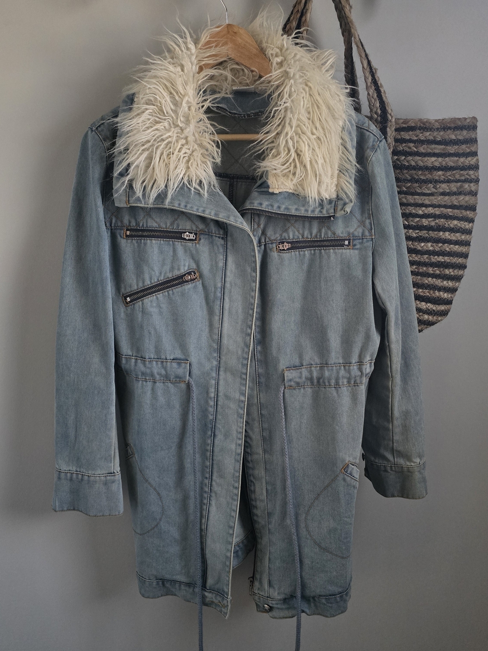 Somedays Lovin Light Blue Denim Jacket with Ivory Faux Fur Collar